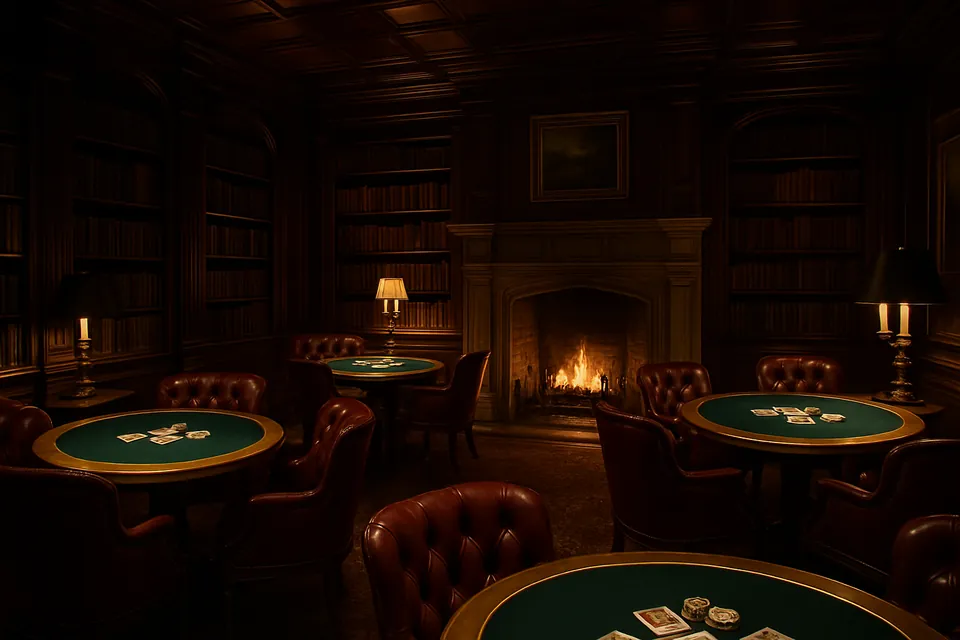 Intimer Casino-Salon mit dunklem Holz und Kamin