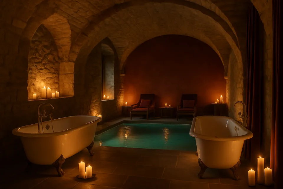 Spa-Bereich mit Natursteinwänden und warmem Licht